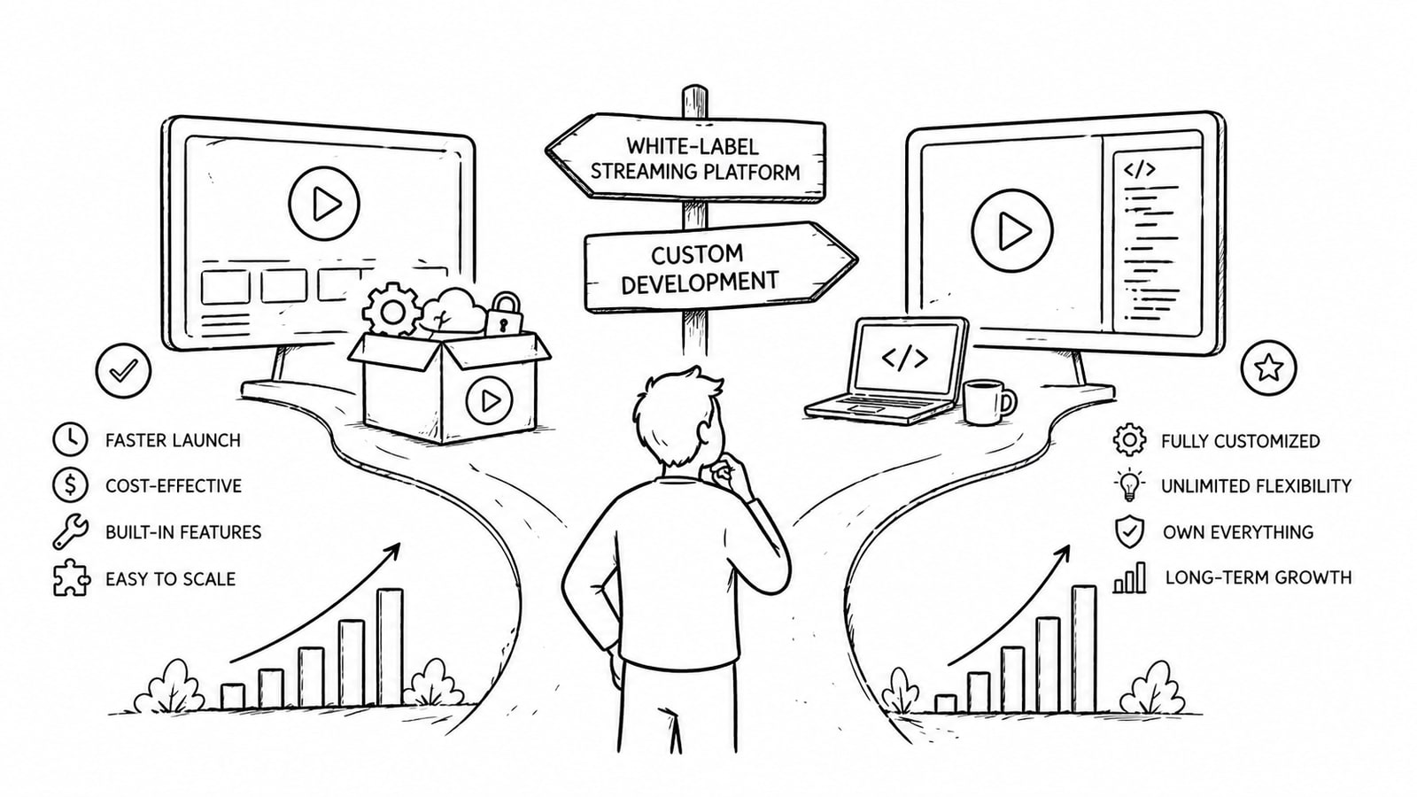 Editorial illustration showing a branded streaming platform compared with a custom-built OTT product stack