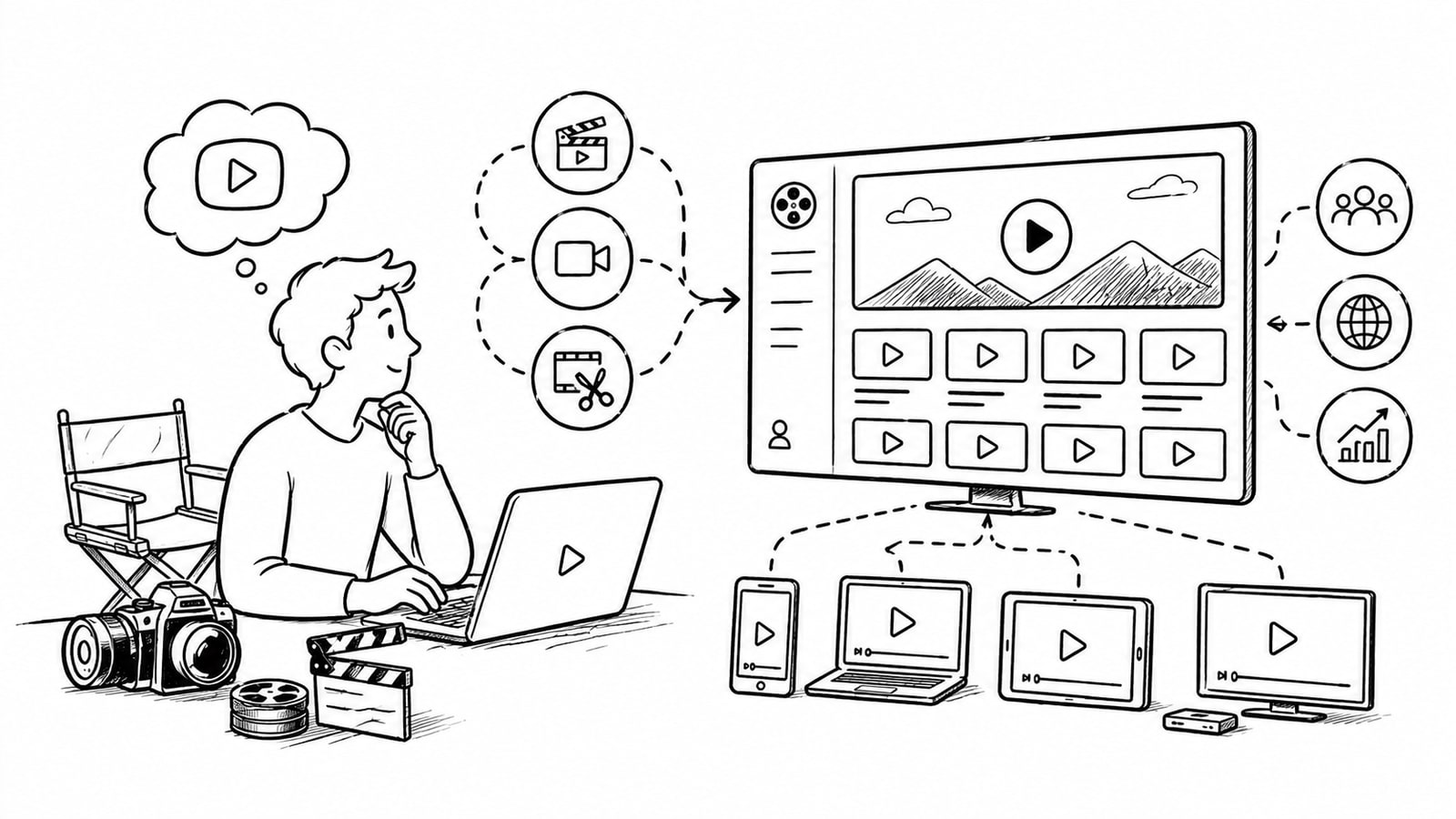 Filmmaker reviewing a branded streaming platform across TV, laptop, and mobile devices