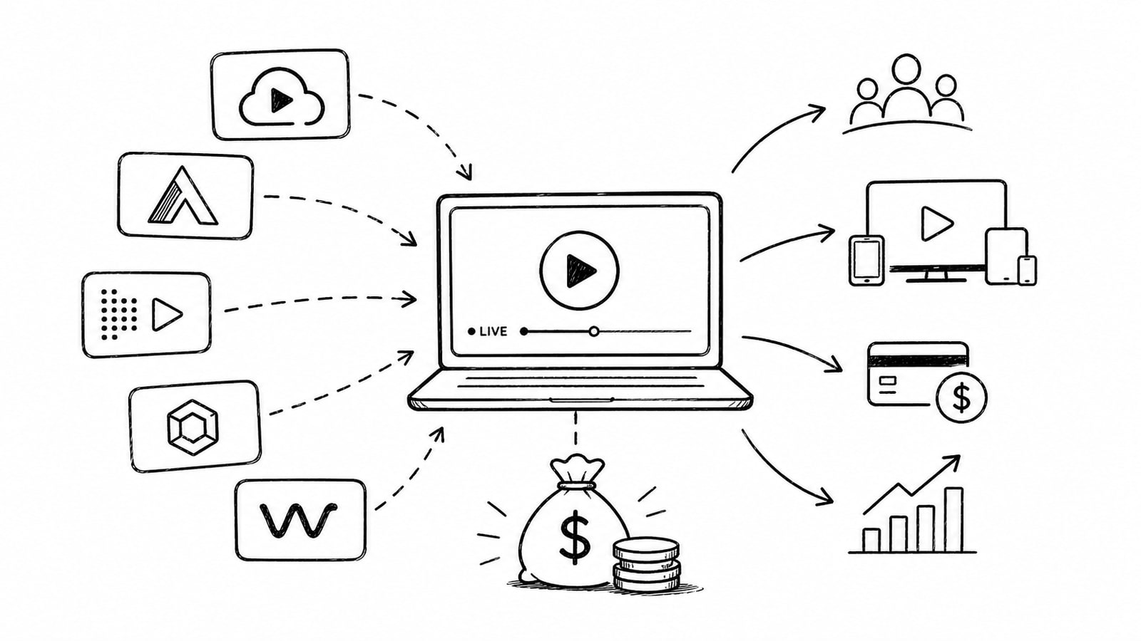 Editorial illustration showing a live streaming and OTT platform comparison dashboard