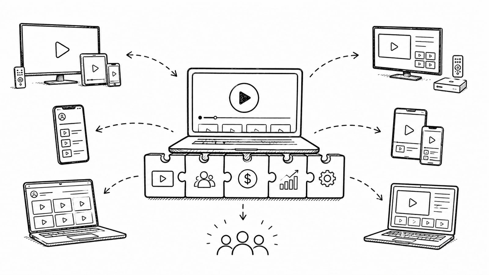 Editorial illustration comparing white-label OTT platform options across web, mobile, and TV devices.