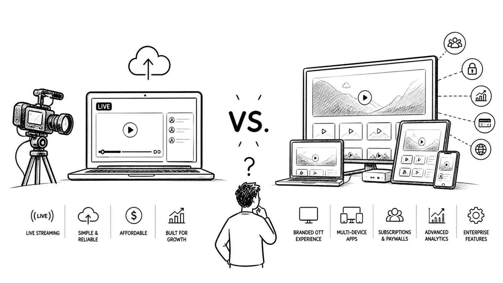Editorial illustration comparing Muvi, Brightcove, and OTT platform buying priorities such as pricing, scale, and flexibility.