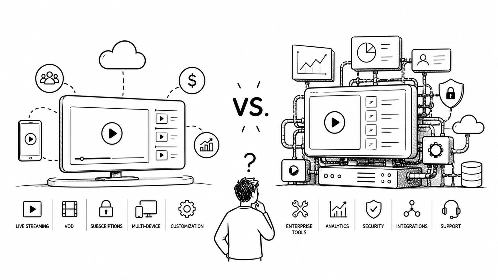Comparison graphic showing Vimeo OTT, Brightcove Beacon, and OTT platform evaluation criteria