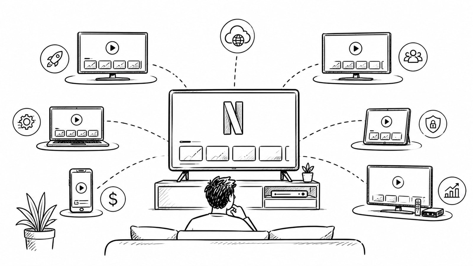 Illustration of OTT business teams comparing Netflix clone platform alternatives across web, mobile, and TV devices