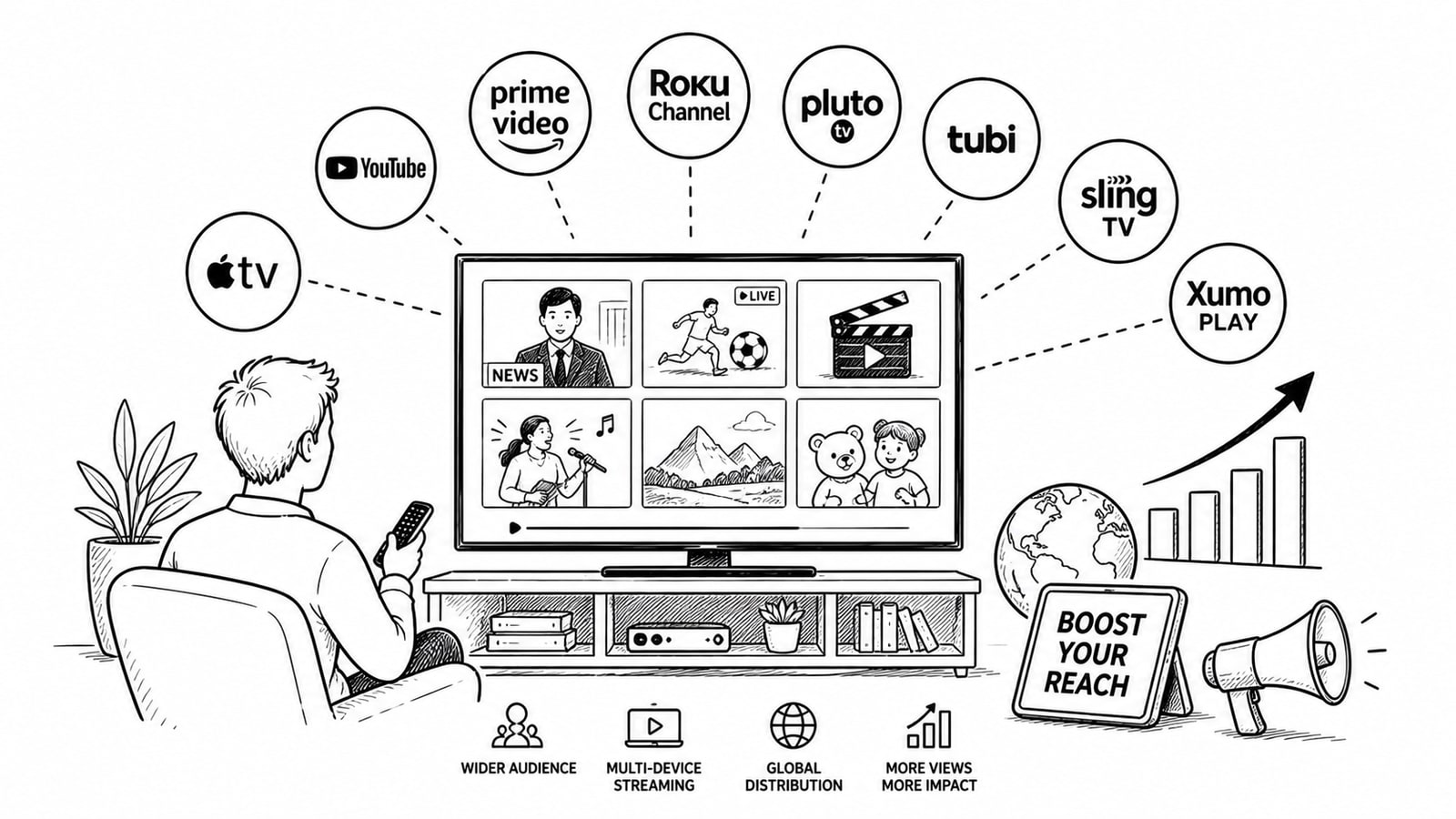 Editorial illustration of a media company distributing video across web, mobile, and connected TV platforms.