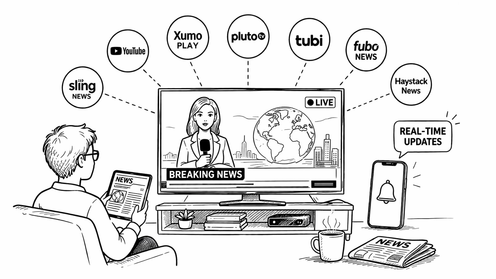 Editorial illustration of a digital newsroom streaming breaking news across mobile, web, and connected TV screens.