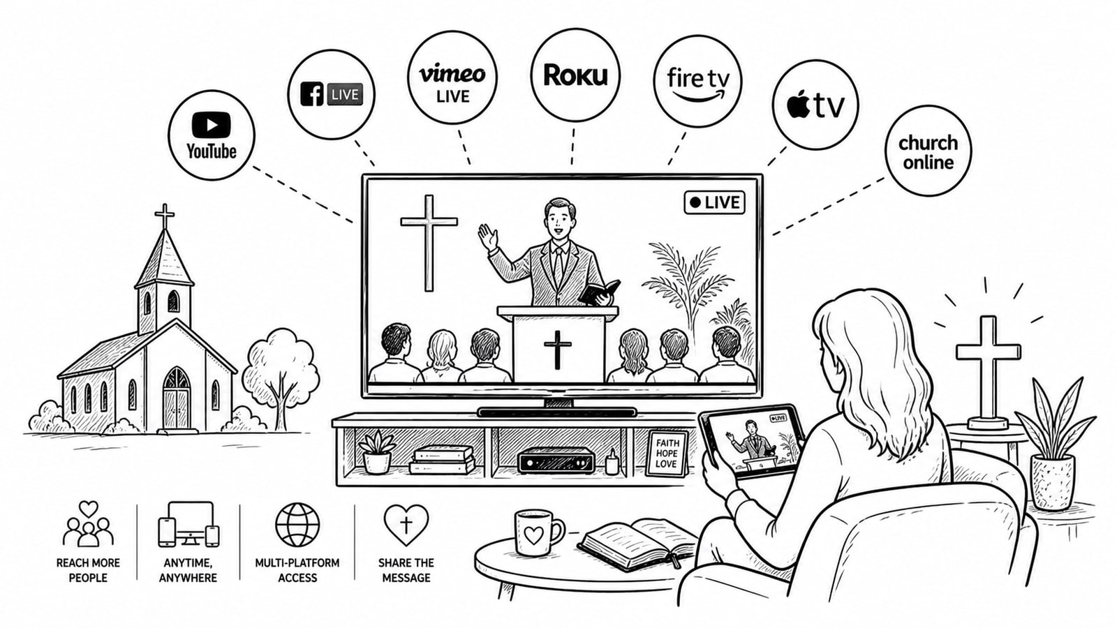 Church team preparing a live worship service stream for viewers on multiple devices