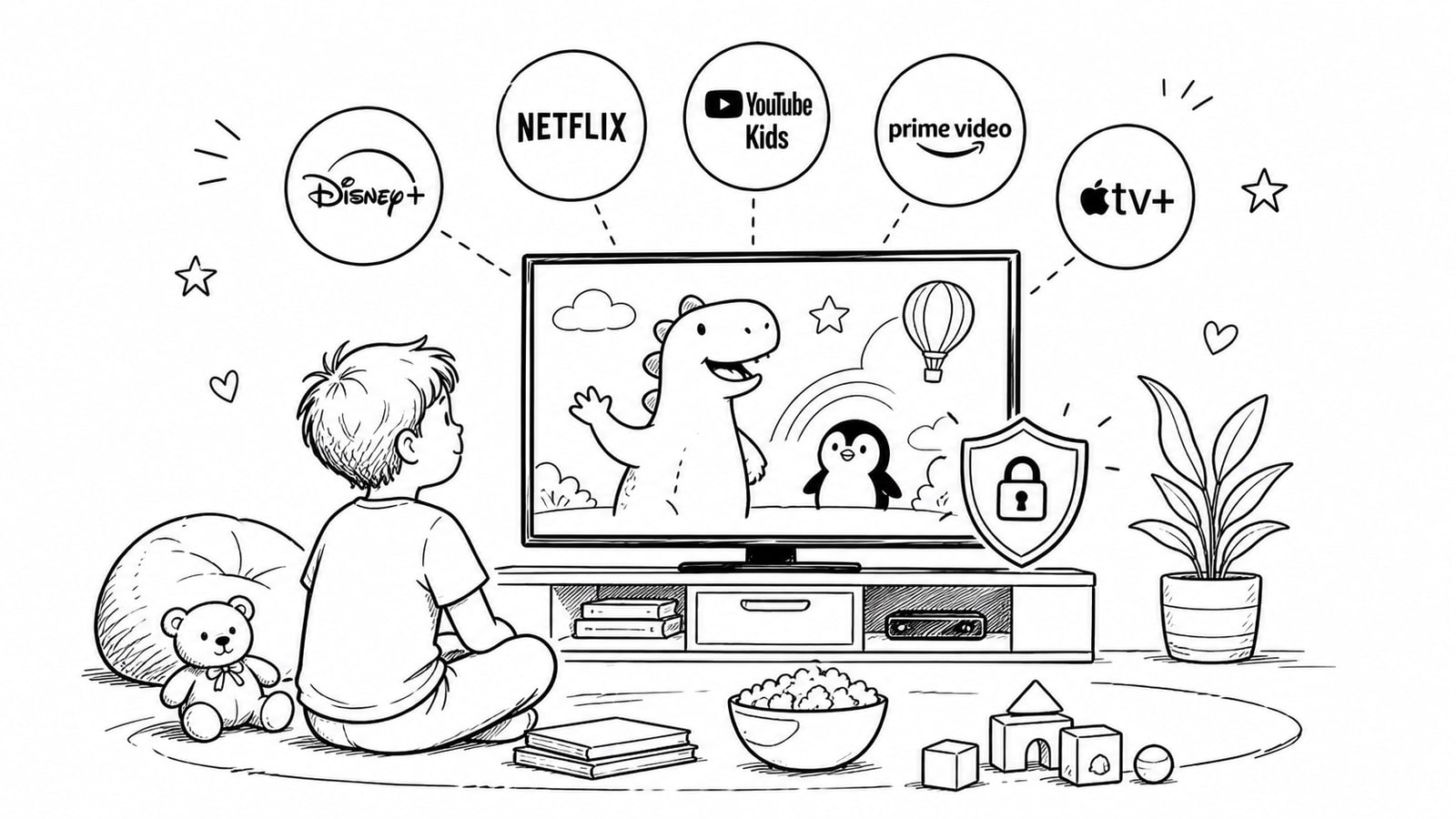 Illustration of children-friendly OTT streaming across TV, tablet, and mobile with parent controls