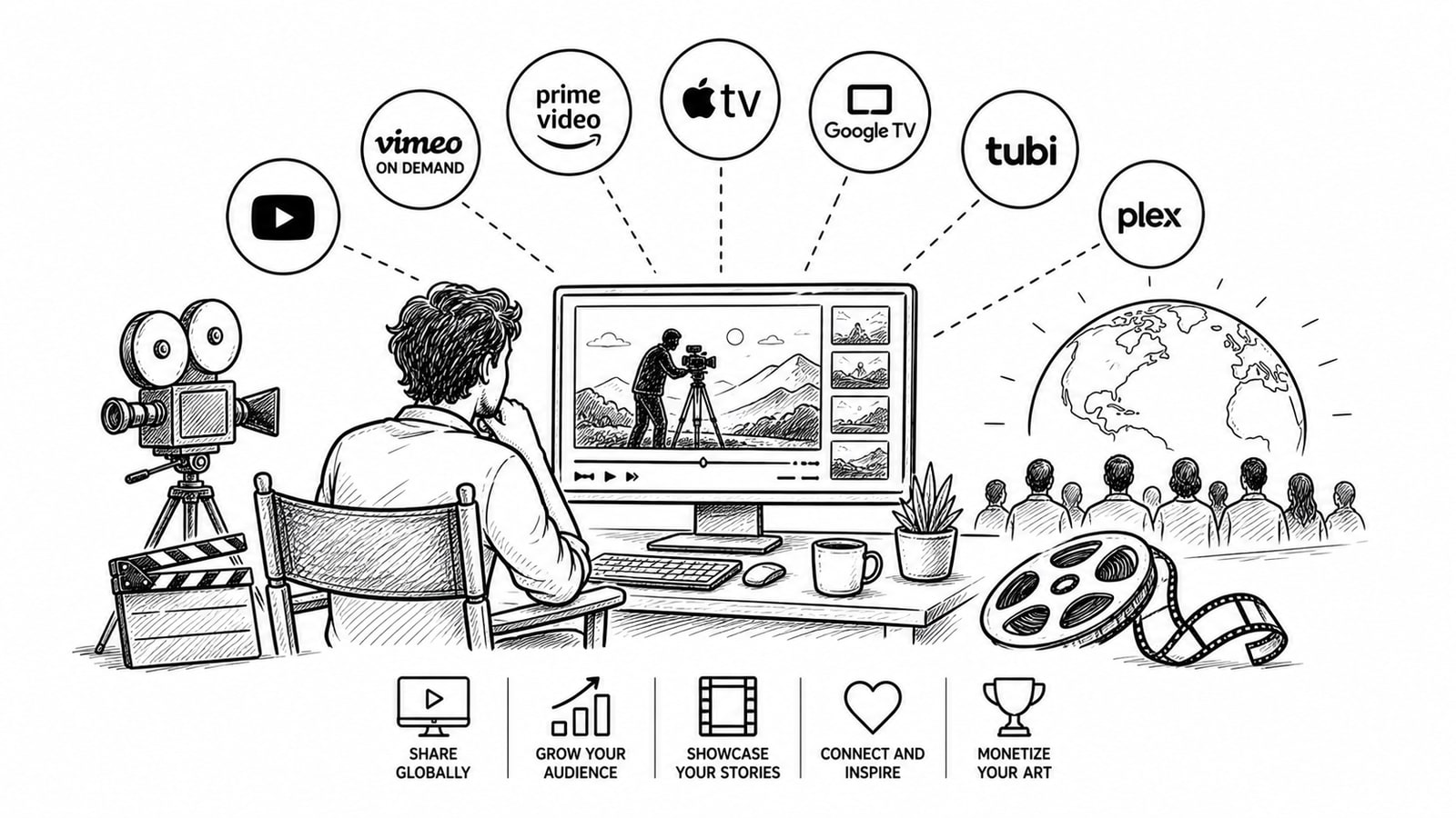 Independent filmmaker comparing OTT platform options across laptop, phone, and TV screens
