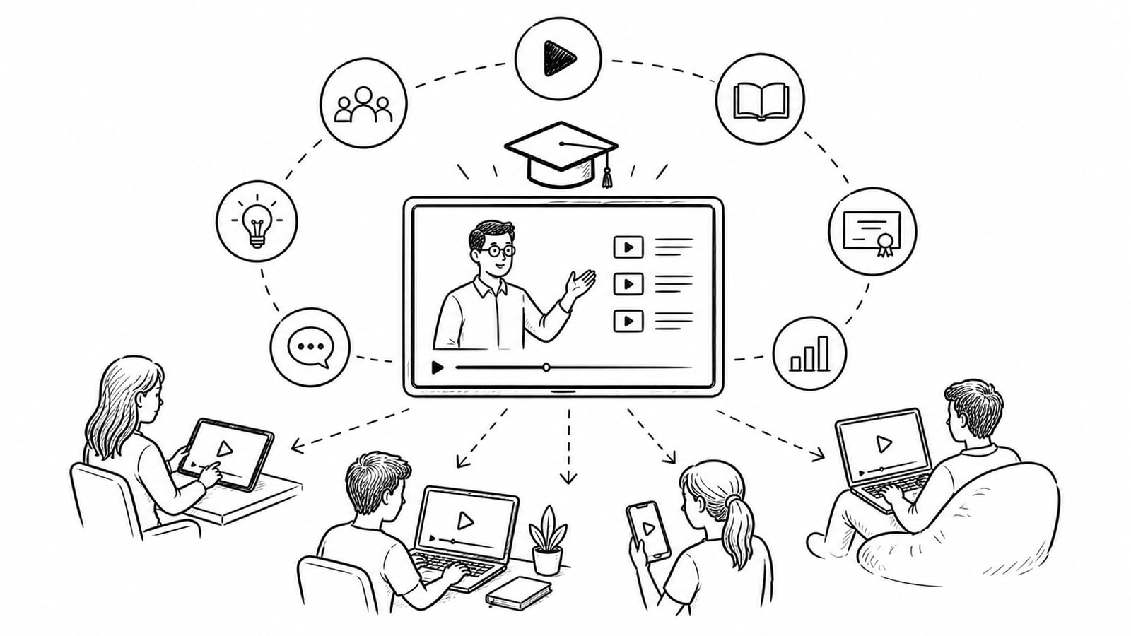 Illustration of an online education OTT platform shown across laptop, tablet, and mobile devices