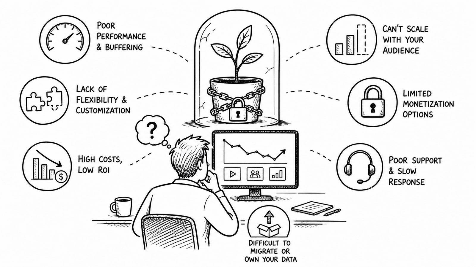 Dashboard-style illustration representing OTT platform growth bottlenecks across cost, devices, and video operations