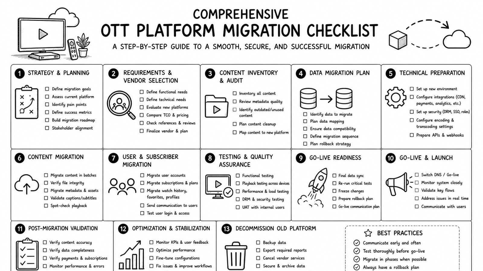 Editorial illustration of an OTT platform migration checklist across video delivery, apps, analytics, and subscriber systems.