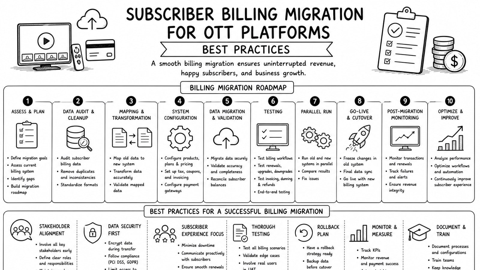 Dashboard-style illustration of an OTT subscription billing migration workflow