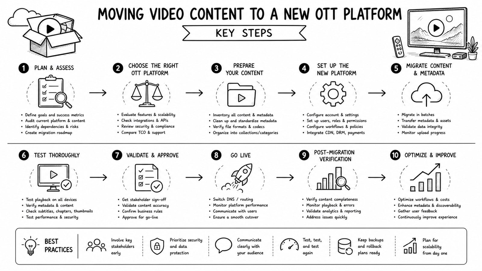 Dashboard-style illustration showing OTT video migration between content libraries and streaming apps