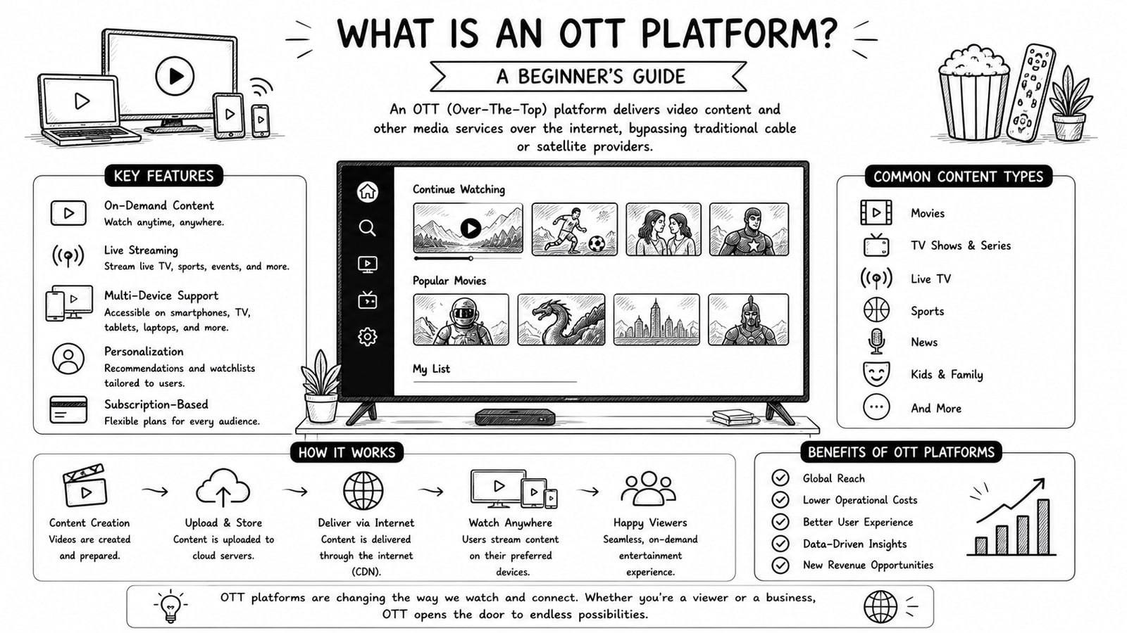 Illustration of an OTT platform delivering streaming video to web, mobile, and TV devices