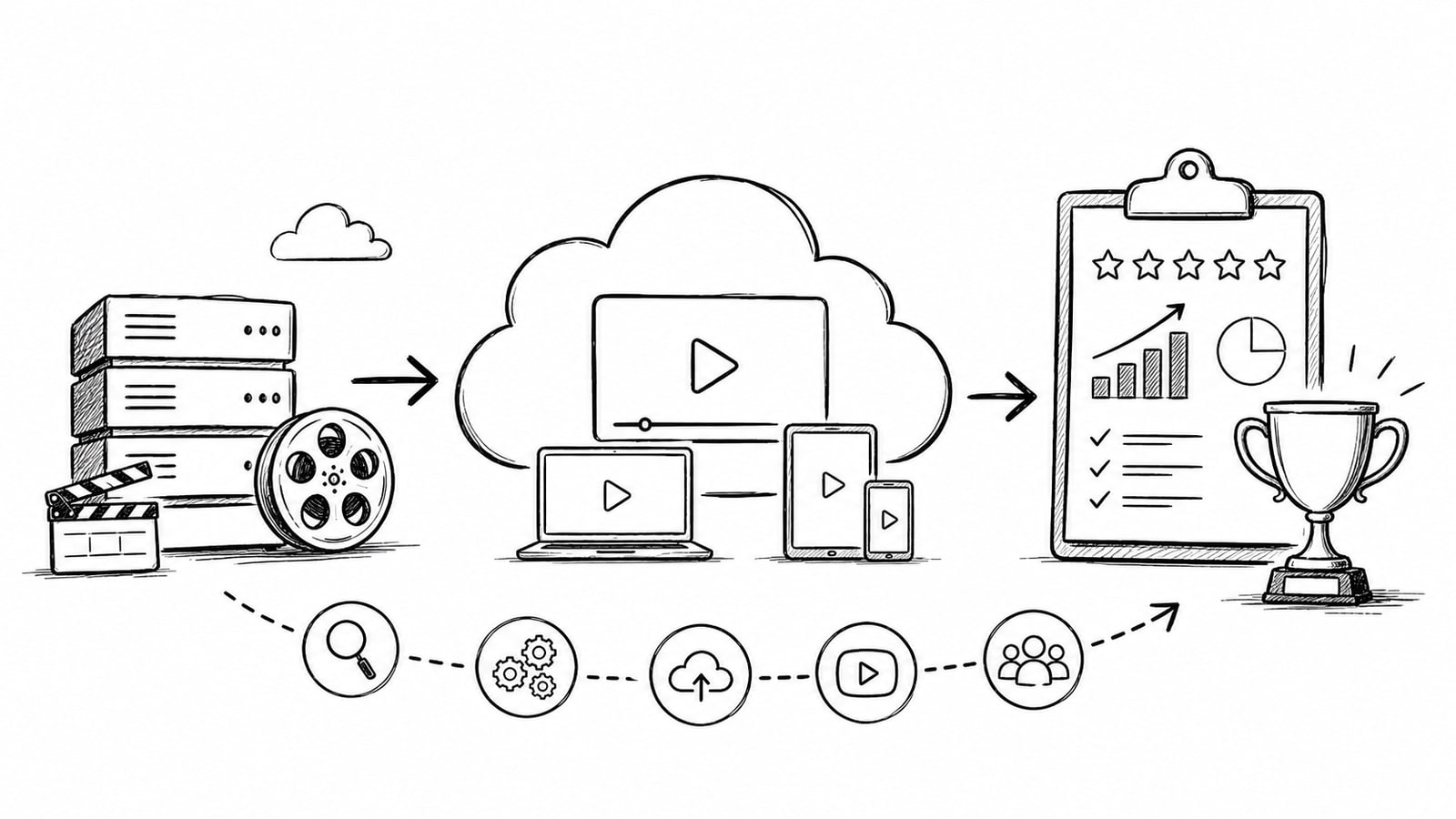 Editorial illustration for an OTT platform migration case study template showing migration planning and success documentation