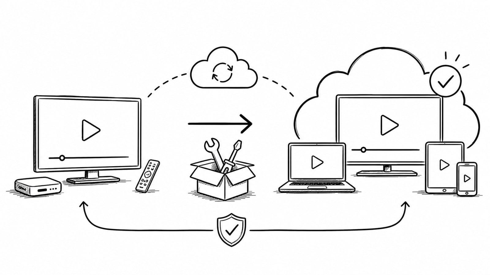 Editorial illustration of a streaming platform migration across web, mobile, and TV apps
