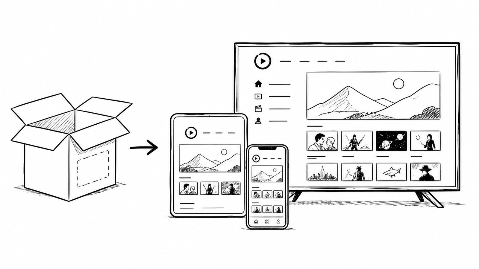 A branded streaming dashboard shown across web, mobile, and TV screens to illustrate white-label OTT customization.