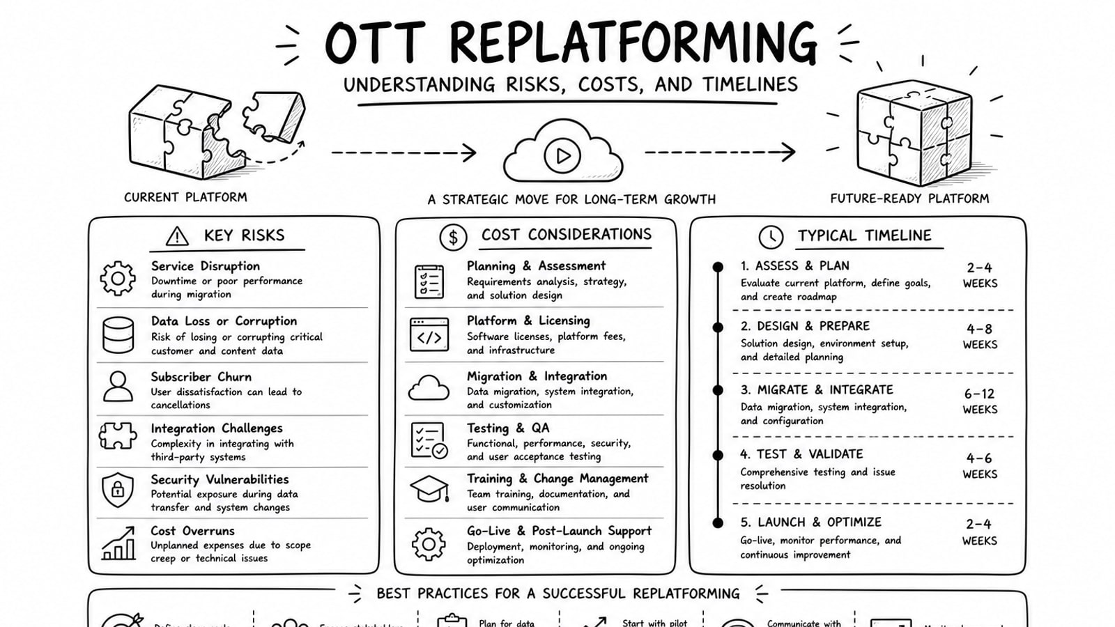Editorial illustration of OTT platform migration planning across streaming apps, video infrastructure, and cloud services