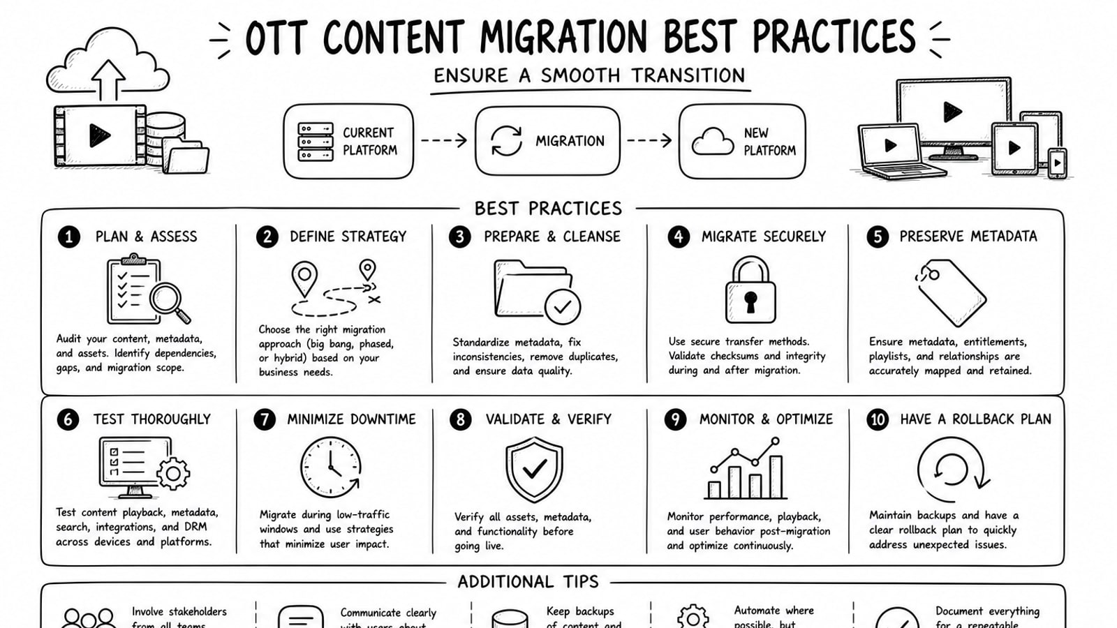 Editorial illustration of a streaming content migration workflow moving video assets, metadata, subtitles, and playback delivery to a new OTT platform.