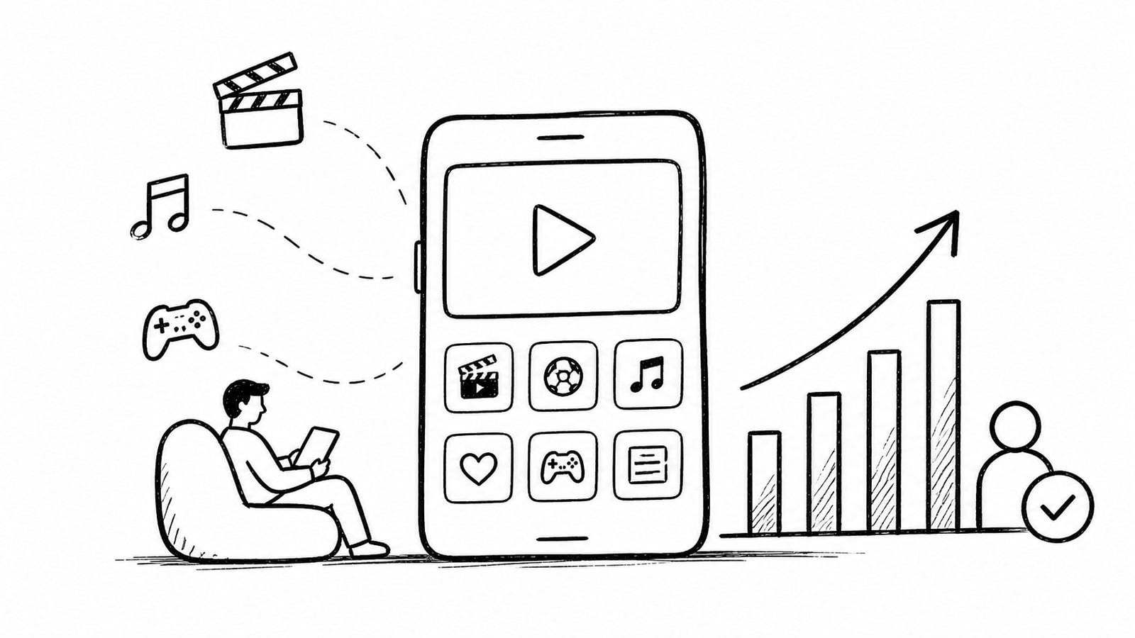 Illustration of an OTT streaming platform running across TV, mobile, and web with subscription analytics visible