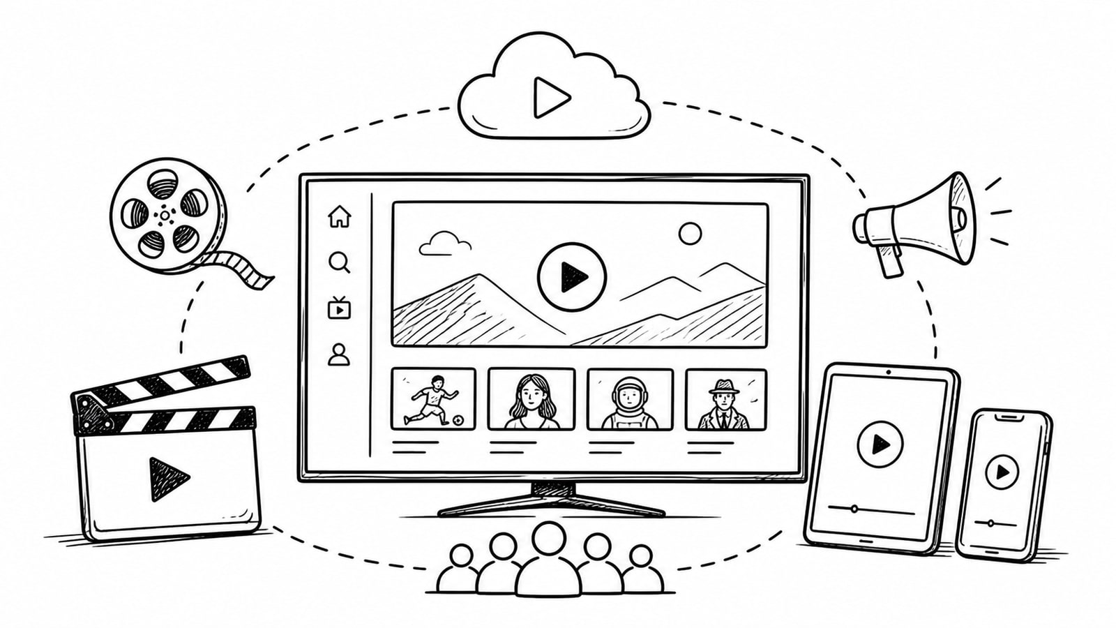 Editorial illustration of a branded OTT streaming platform across mobile, web, and TV screens